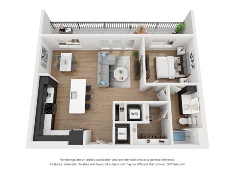 Floor plan for 1 bed, 1 bath, 835 sqft